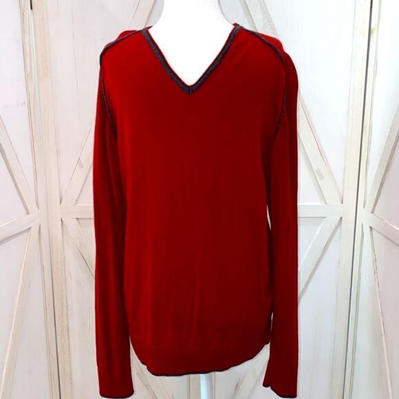 Codice 100% Merino Extra-fine Wool V-Neck Pullover In Red With Gray Trim - Picture 11 of 11
